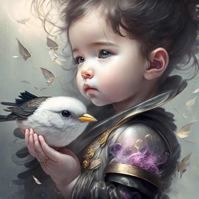 Child Holding Small Bird Surrounded by Leaves and Mystical Glow