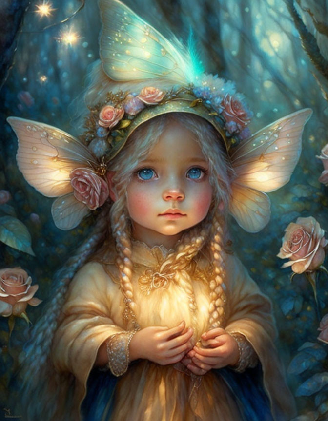 Child with Translucent Wings in Magical Forest with Floral Crown