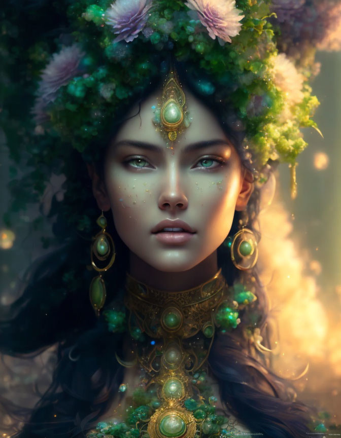 Mystical woman with ornate headdress and jeweled adornments in ethereal glow