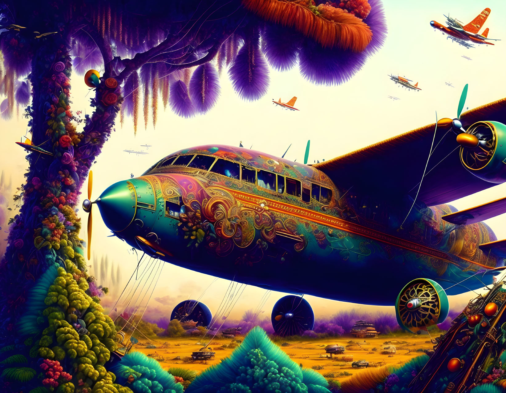 Colorful Fantastical Landscape with Ornate Flying Machines and Surreal Flora