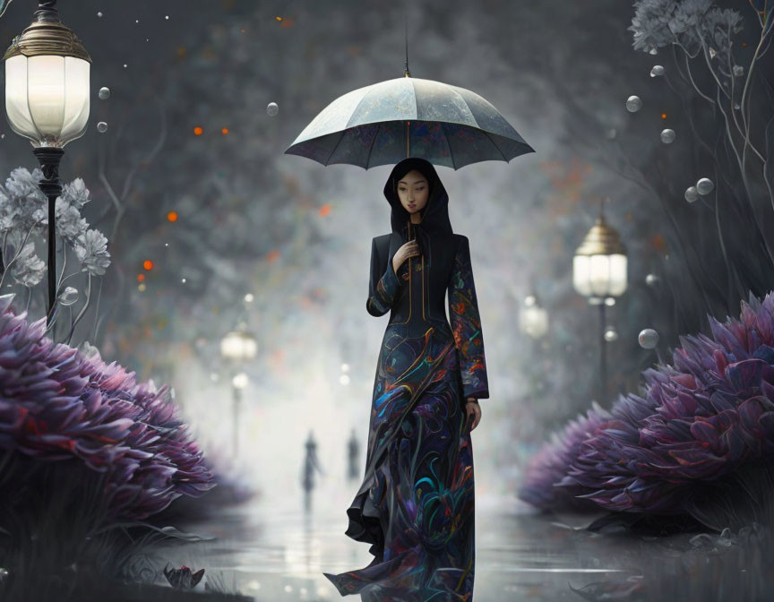 Woman in black dress under colorful umbrella in mystical garden with oversized purple flowers