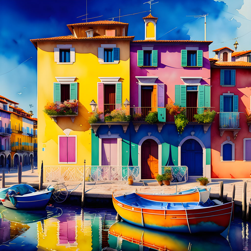 Vibrant waterfront houses with reflections and moored boat in clear sky