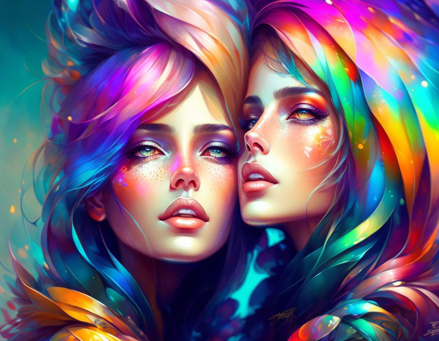 Vibrant rainbow-colored hair and feathers on two women in fantasy art style