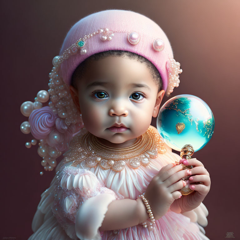 Child in Pink Pearl Outfit Holding Globe on Brown Background