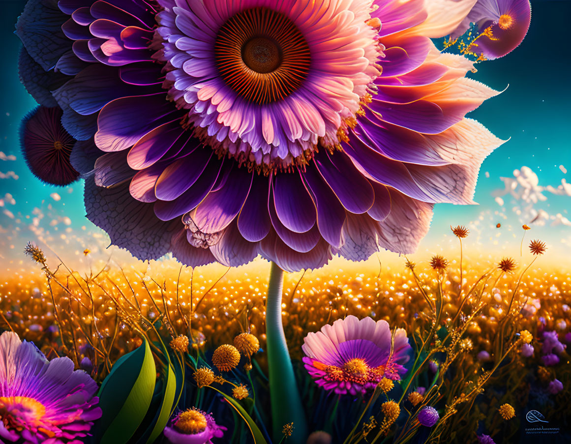 Surreal landscape with oversized purple and pink flowers in golden field