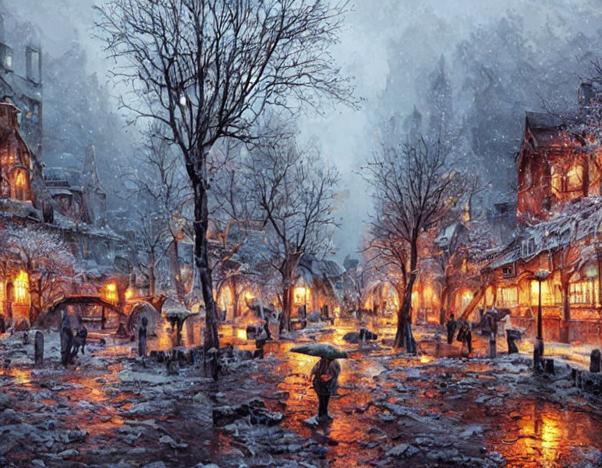 Snow-covered winter town with person and umbrella at night