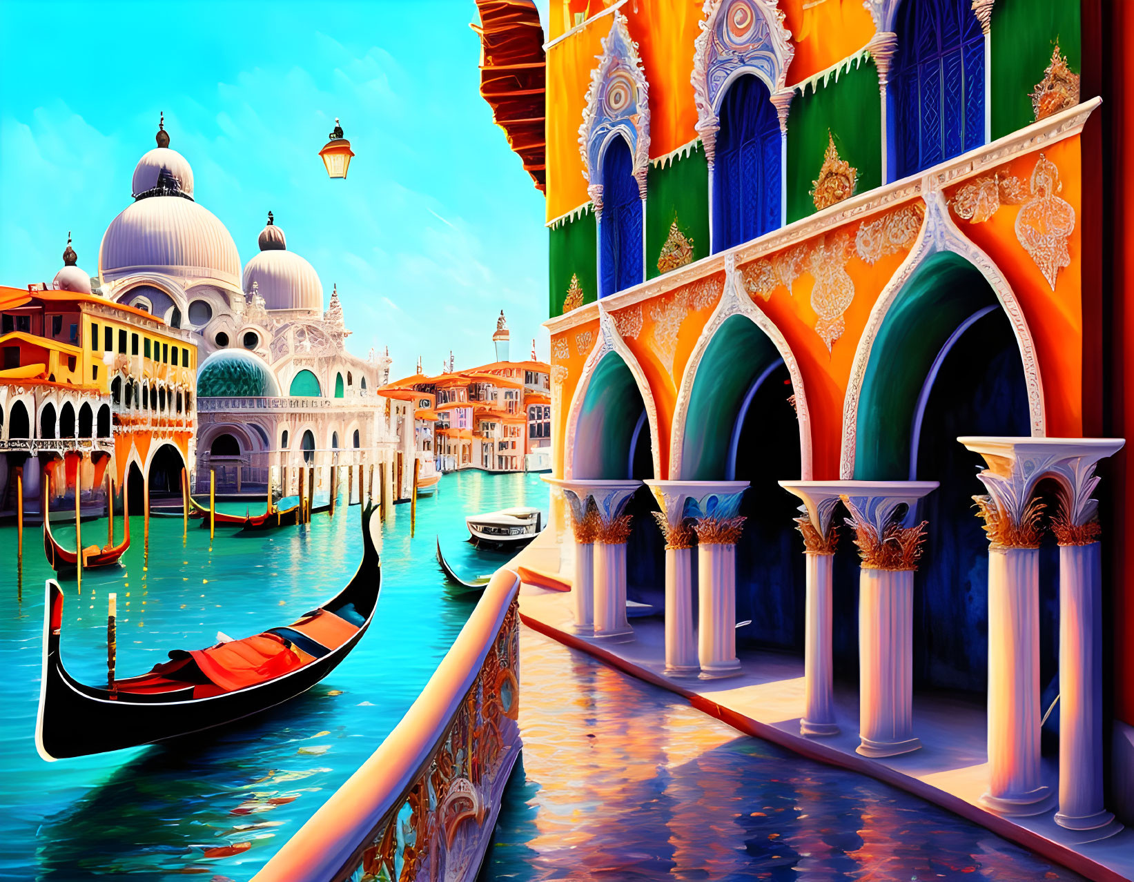 Digital artwork of Venice: gondola, colorful buildings, Basilica di Santa Maria della Salute