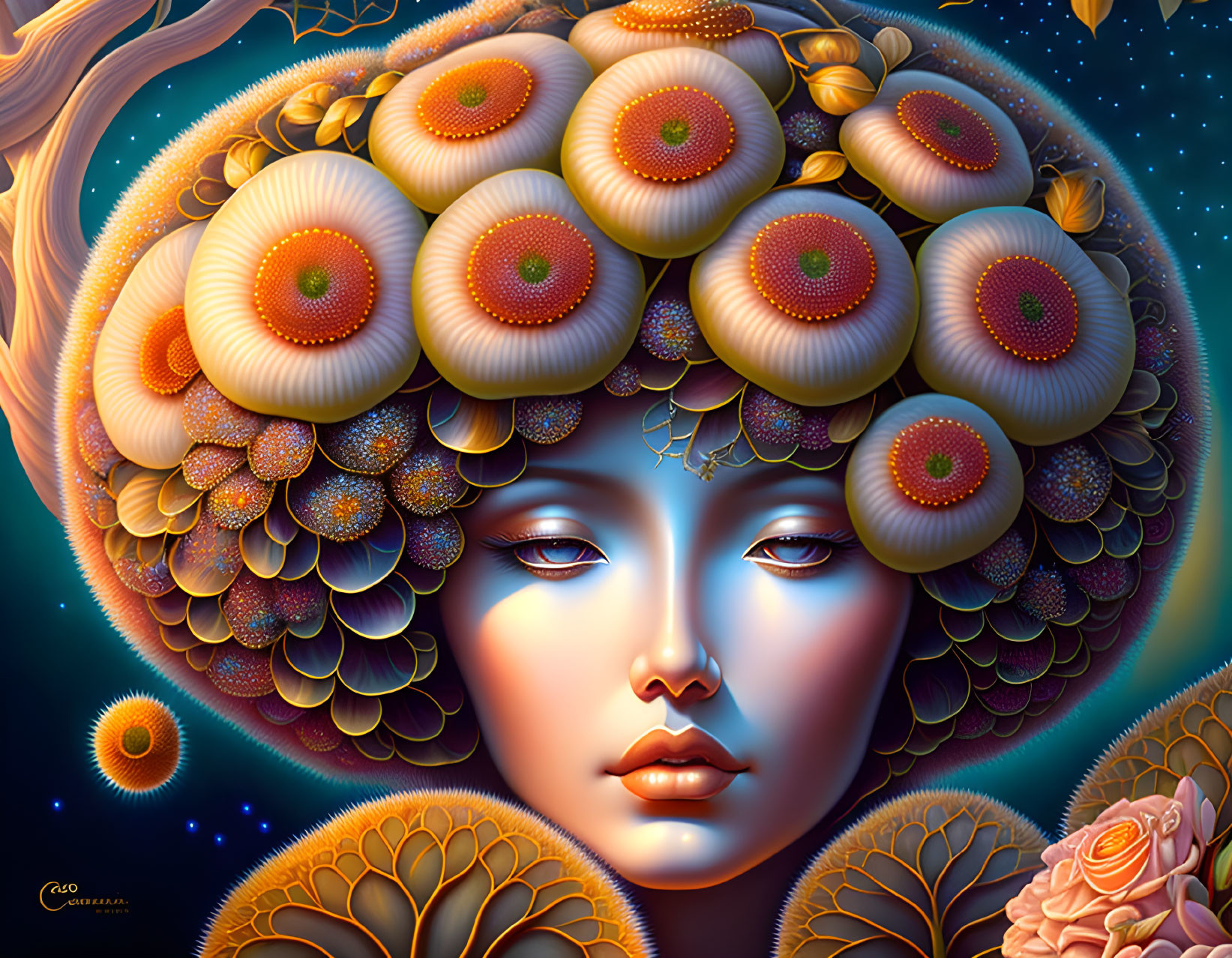 Surreal portrait of feminine figure with floral and cosmic elements