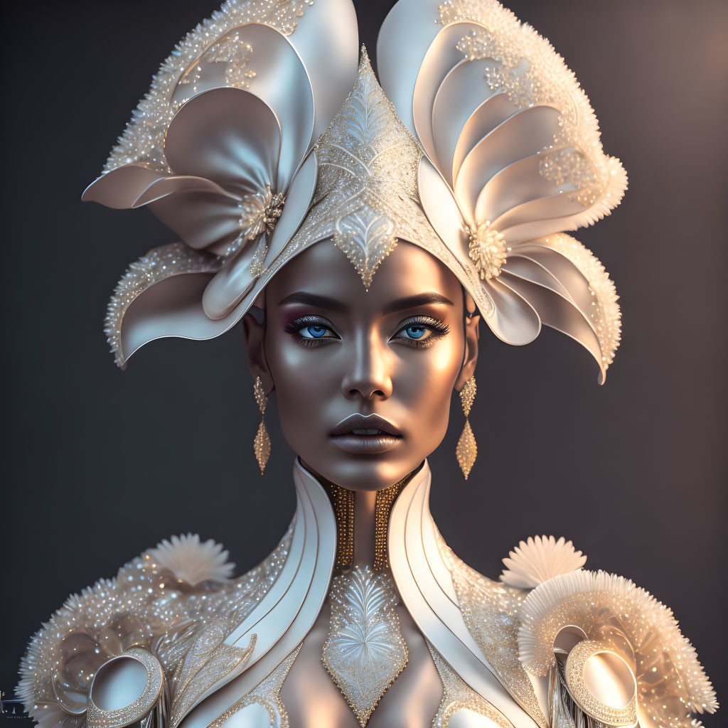 Elaborate White and Gold Headgear on Woman in 3D Illustration