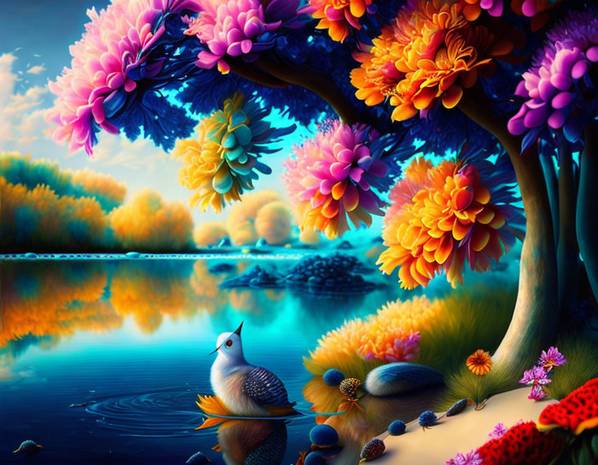 Colorful digital artwork of whimsical landscape with oversized flowers, serene lake, and duck.