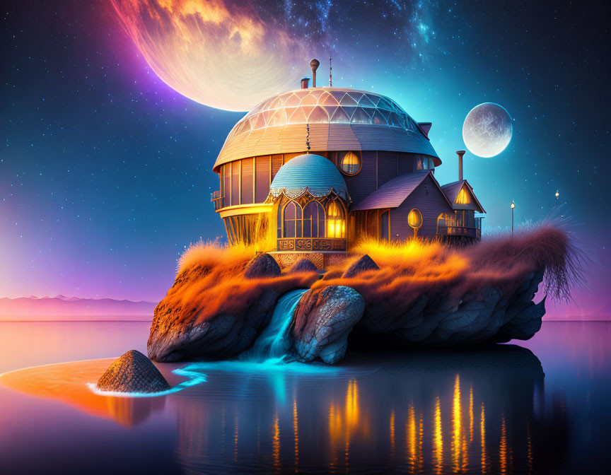 Enchanting house on rock island, glowing windows, dual moons, starry sky