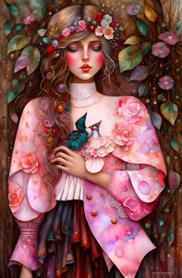 Woman with Long Wavy Hair and Hummingbird in Nature-Inspired Painting