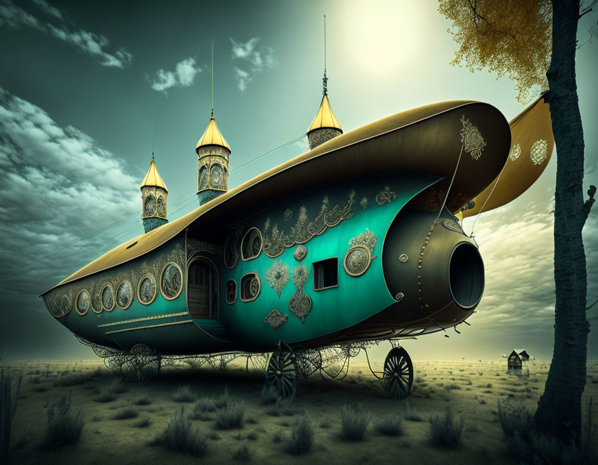 Ornate steampunk airship on wheels in desolate landscape