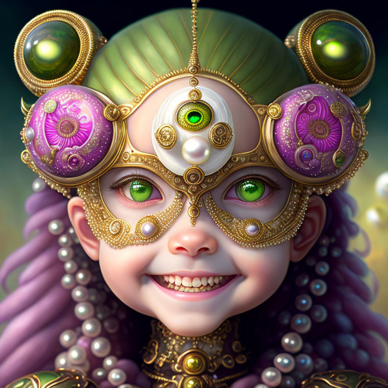 Child with elaborate headdress featuring multiple eyes, pearls, and golden filigree