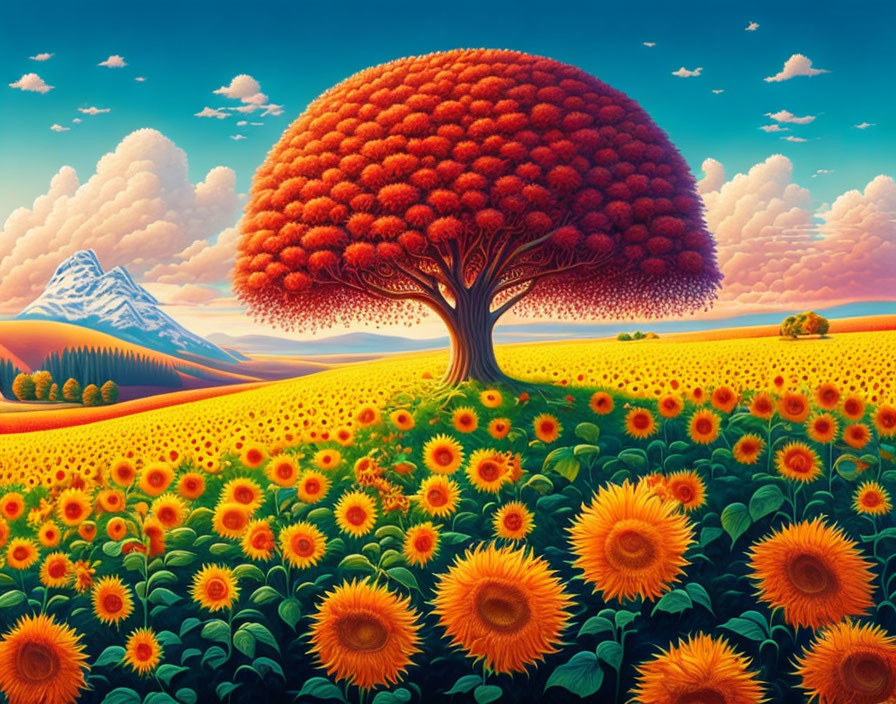 Colorful landscape with red tree, sunflowers, hills & snow-capped mountain