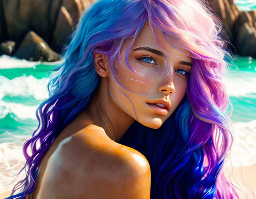 Vibrant digital artwork: Woman with violet and blue hair and blue eyes by turquoise sea waves