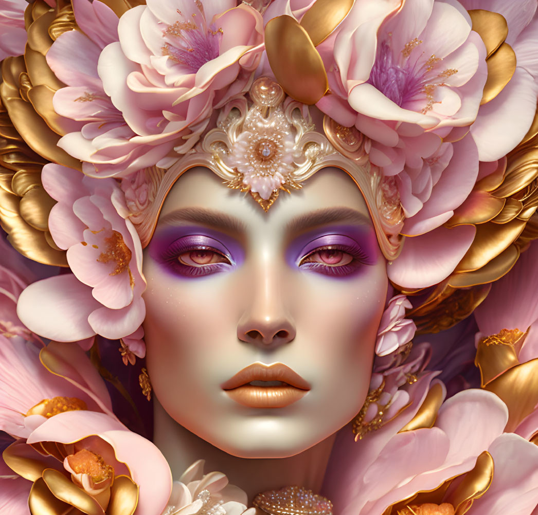 Feminine face with gold and pink floral elements, intricate jewelry, and purple eyeshadow