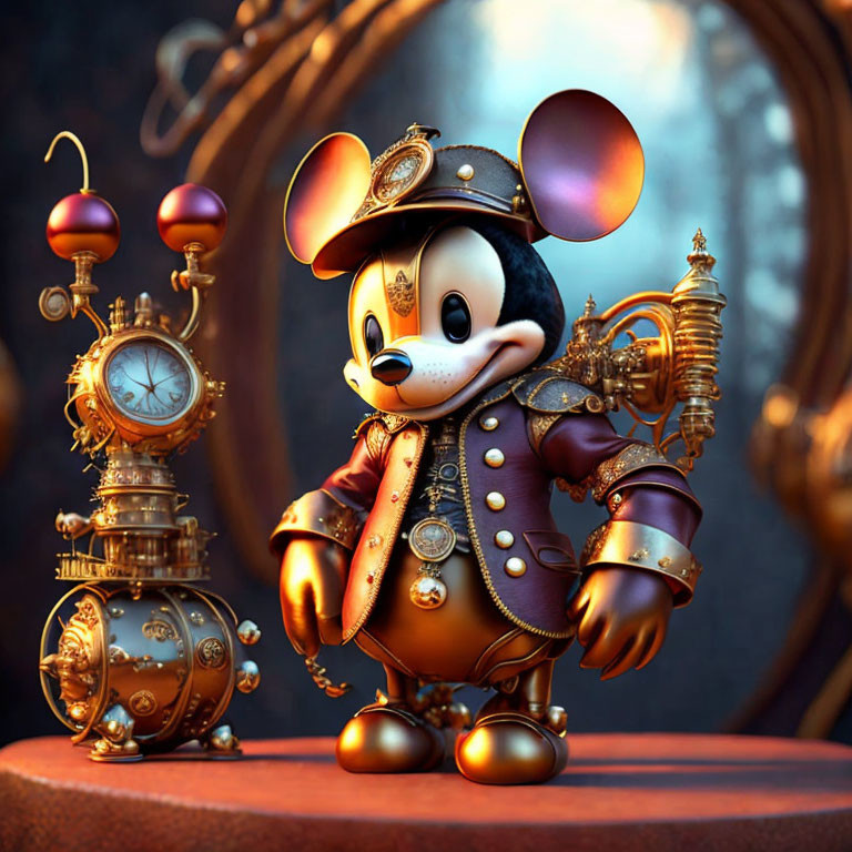Steampunk Mickey Mouse Figurine with Gears and Clocks in Room with Cogwheel