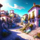 Colorful Street with Whimsical Houses and Blue Orbs on Clear Sky