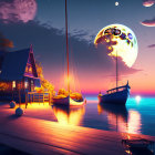 Surreal landscape with house, sailboat, moon, planets, and UFOs