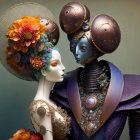 Futuristic mannequins in blue and gold costumes with elaborate headgear