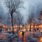 Snow-covered winter town with person and umbrella at night