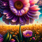 Surreal landscape with oversized purple and pink flowers in golden field