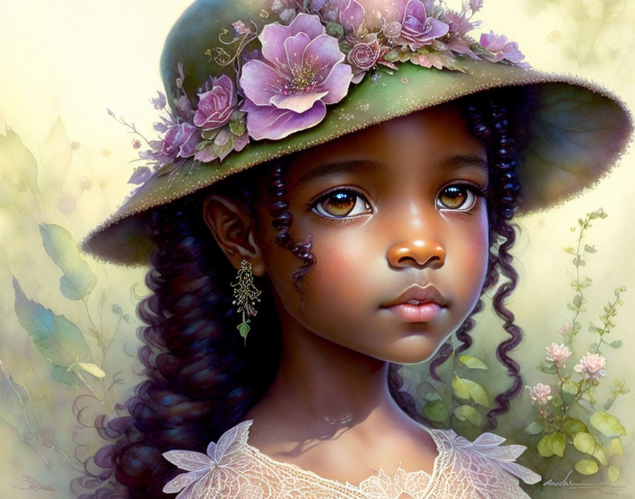 Young girl with curly hair in green hat with purple flowers, digital painting.