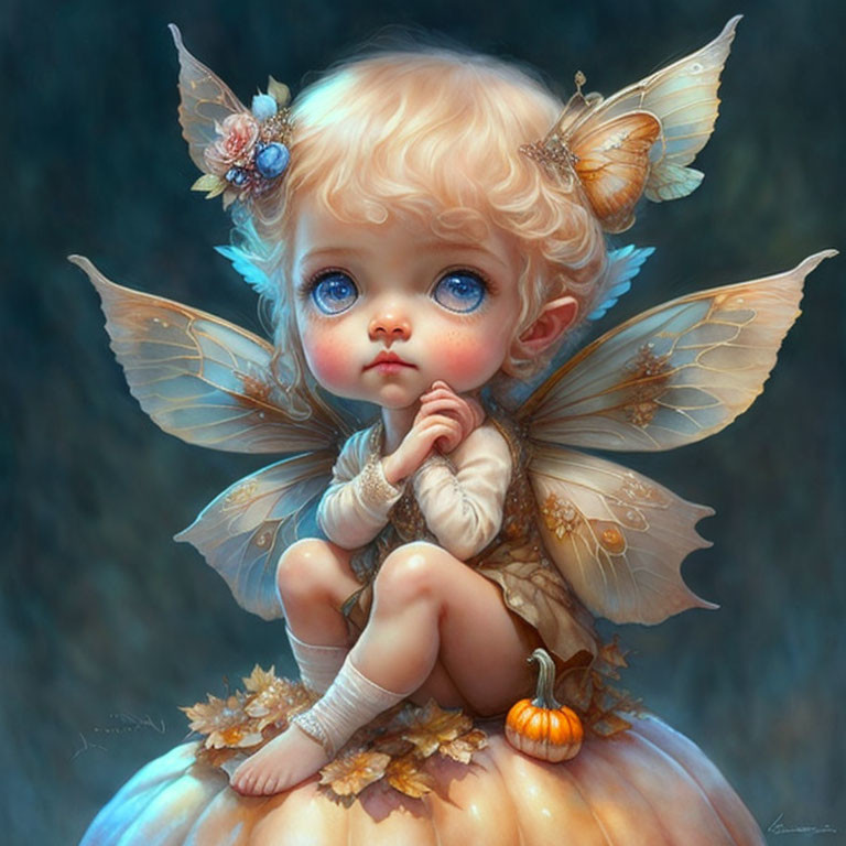 Illustration of fairy child on pumpkin with butterflies and flowers