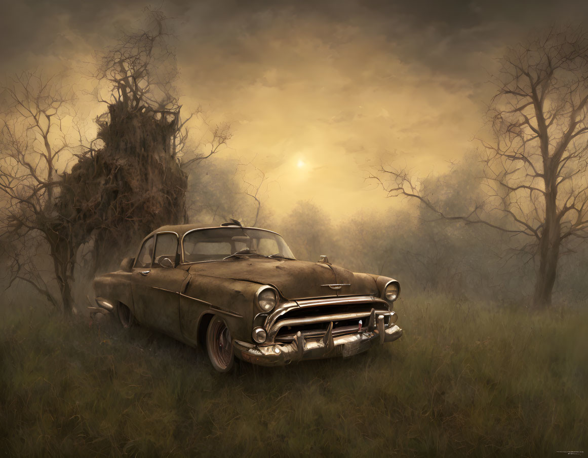 Abandoned car in foggy field with bare trees at sunrise