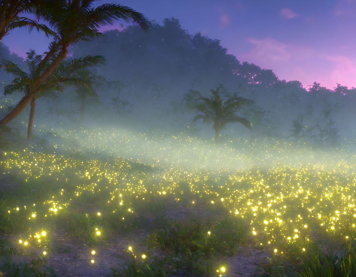 Misty tropical forest with fireflies and lush greenery at dusk