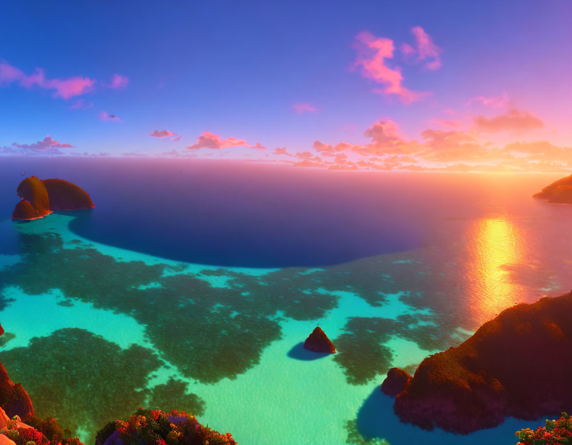 Colorful Tropical Sunset Over Blue Waters and Island Coastline