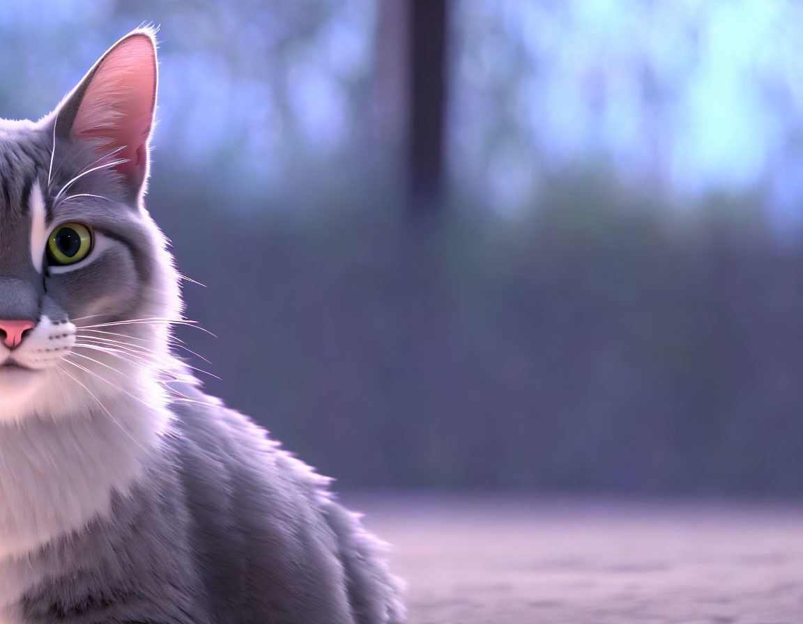 Fluffy grey and white cat with green eyes in outdoor setting