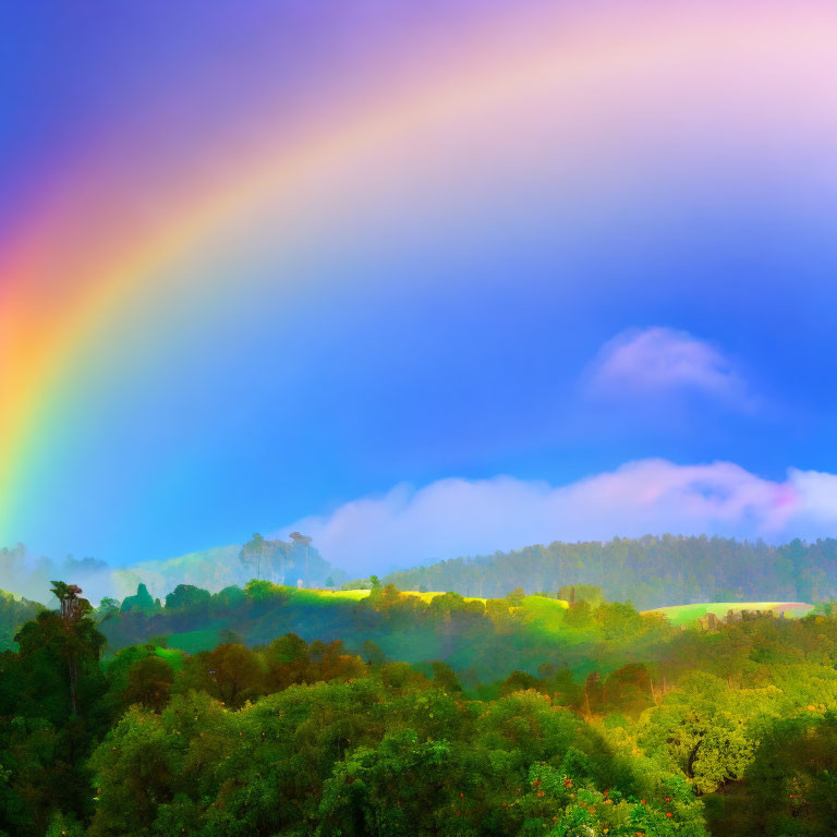 Vibrant rainbow over lush forest with misty skies