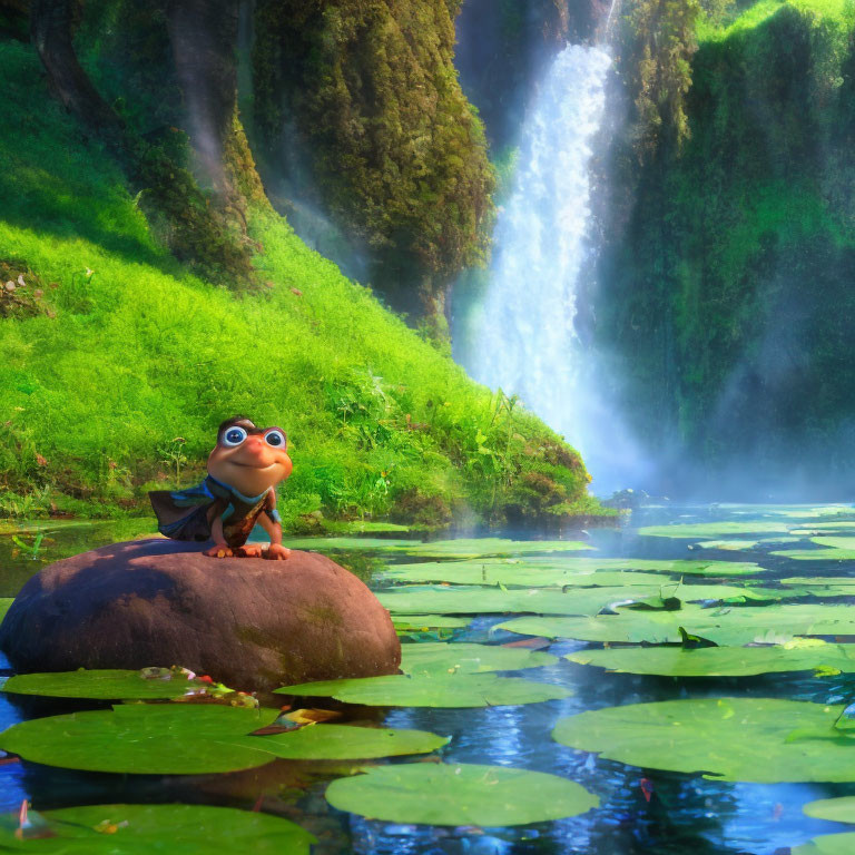 Animated frog on rock amidst lily pads, with waterfall and lush greenery.