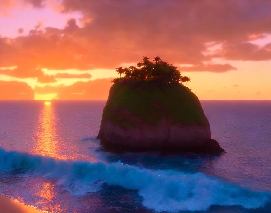 Lush green island on rock formation under vibrant sunset sky