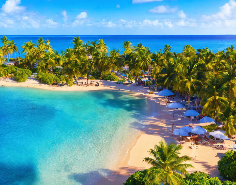 Tranquil Tropical Beach Scene with Palm Trees and Sunshades