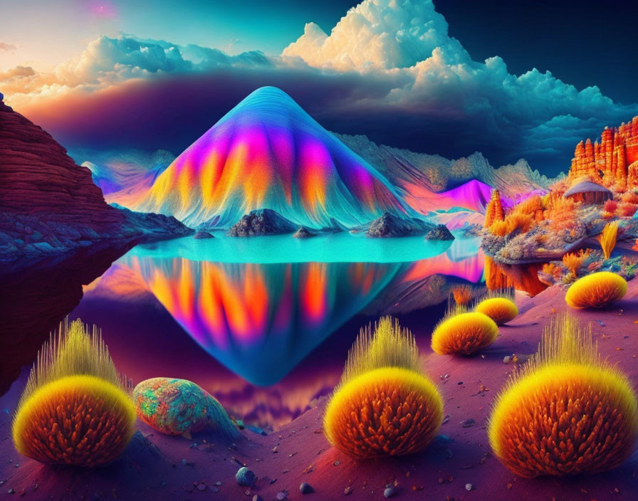 Colorful Mountain Reflected in Tranquil Lake Amid Surreal Landscape