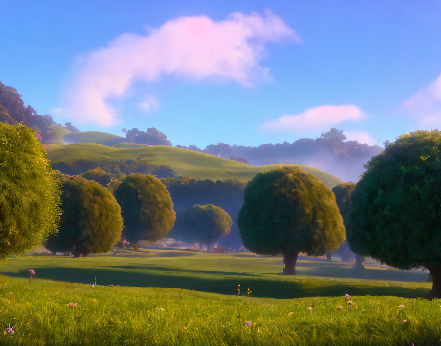 Serene landscape: green hills, fluffy clouds, mist, round-topped trees, golden light