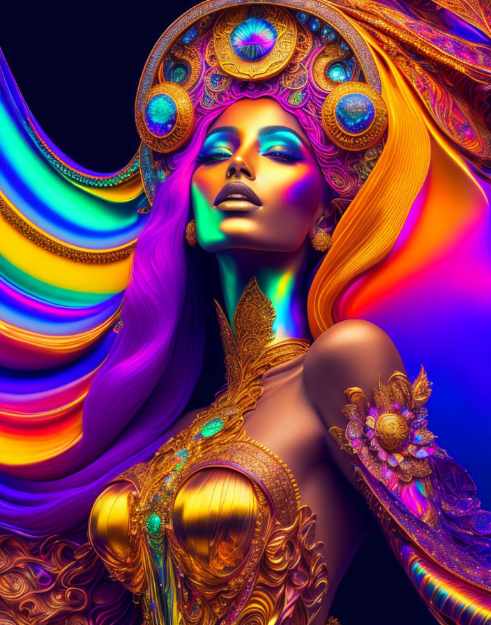 Colorful digital artwork of woman with rainbow hair and gold armor on vibrant background