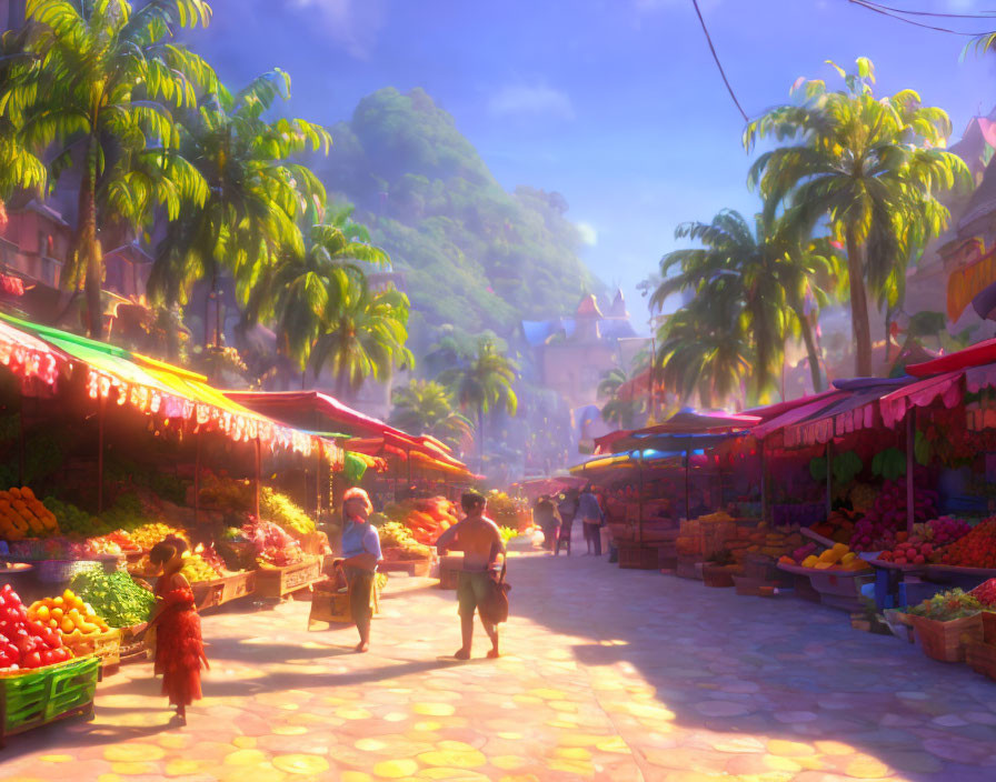 Vibrant market scene with colorful fruit stands and shoppers under sunny skies