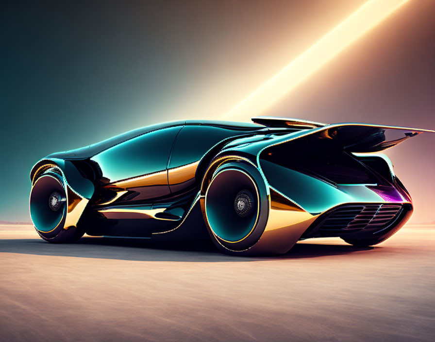 Sleek Futuristic Car with Iridescent Teal Paint and Illuminated Accents