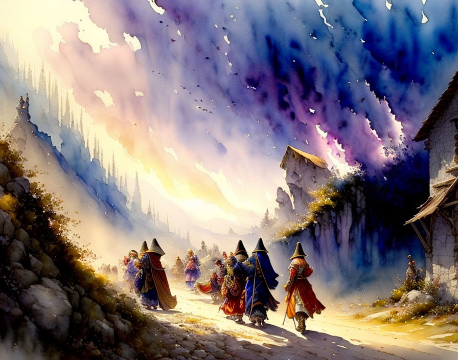 Cloaked figures marching through rustic village road at dawn