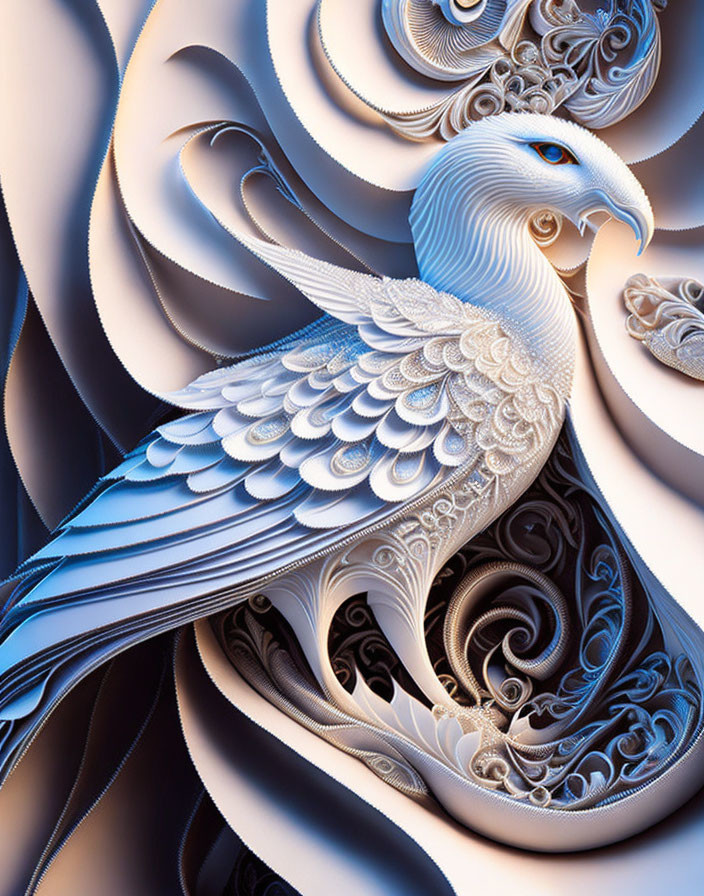 Majestic white and blue bird with intricate feather patterns on creamy abstract background