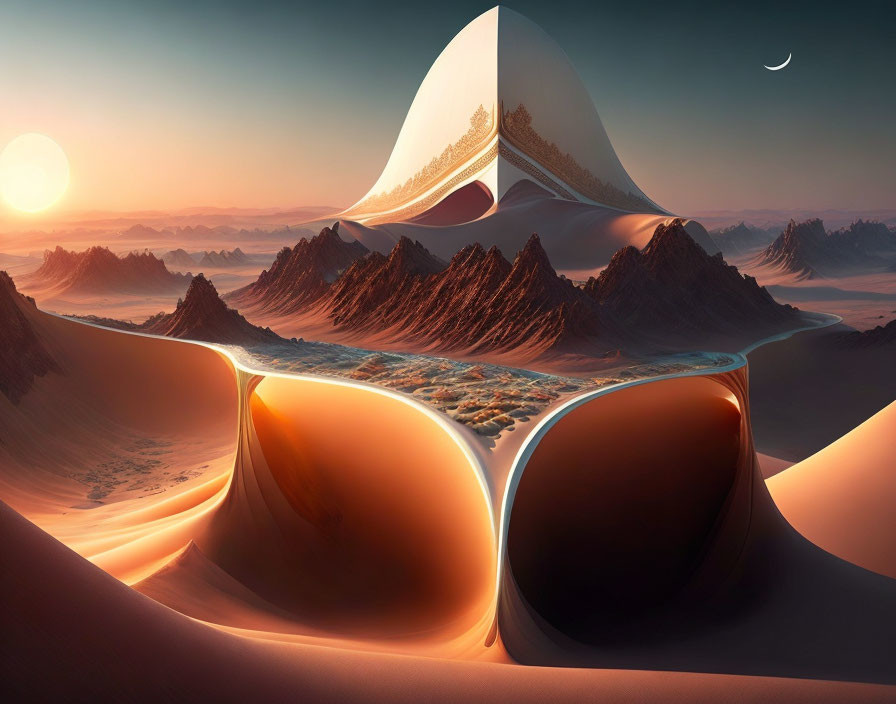 Futuristic desert landscape with smooth structures and crescent moon