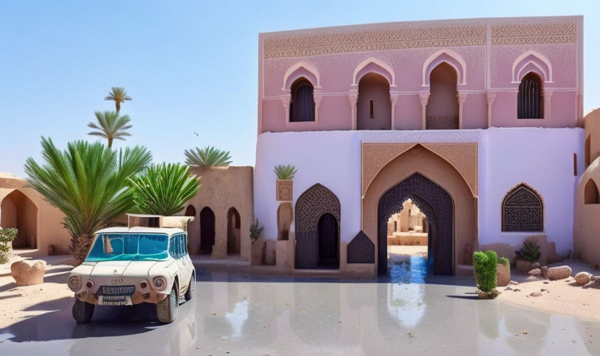 Vintage Blue Car Parked in Front of Traditional Pink Building with Palm Tree