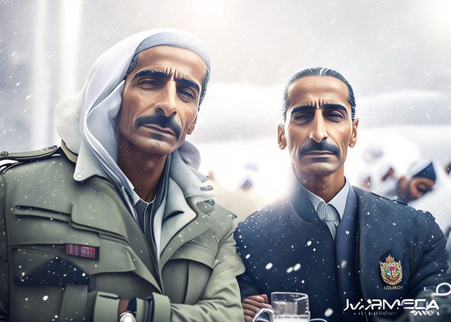 Stylized animated men in military and suit, snowy scene with figures