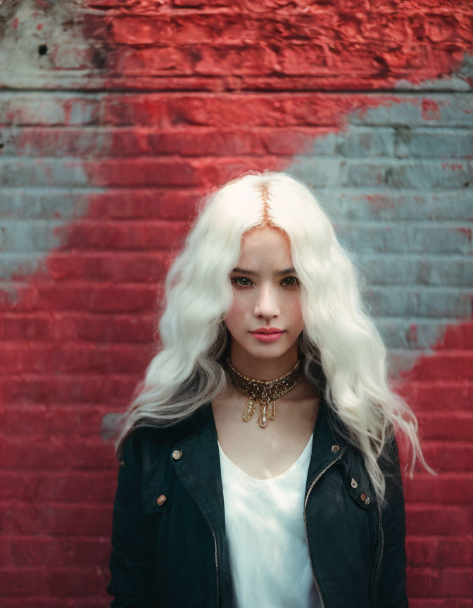 Blonde woman in black jacket against red brick wall