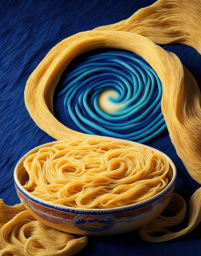 Yellow Noodles on Blue Textured Surface with Spiral Pattern