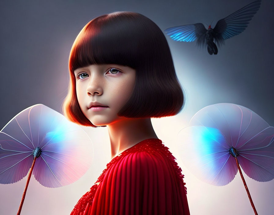 Digital artwork featuring girl with butterfly wings and bird in soft grey background